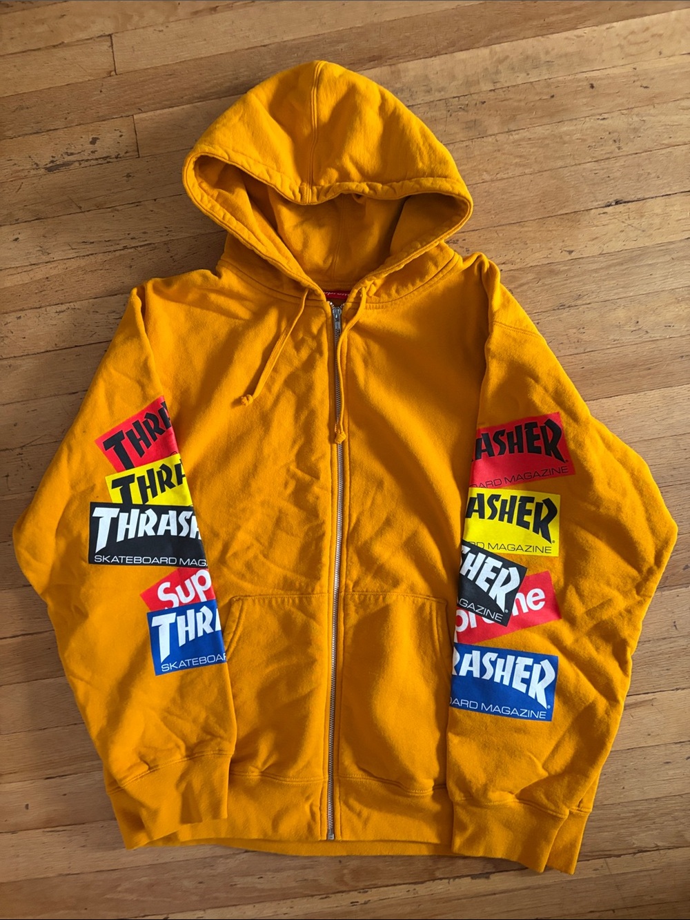 Supreme men Yellow Zip Hoodie with Thrasher Patch Graphics